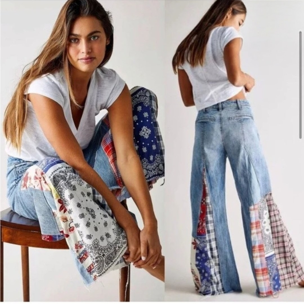 We The Free Patchwork Flare Jeans - Blue with Red, White & Navy Accents